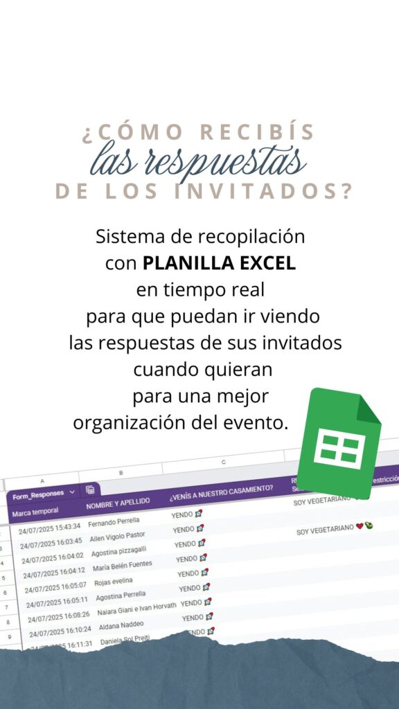Sistema de recopilación con PLANILLA EXCEL en tiempo real para que puedan ir viendo las respuestas de sus invitados cuando quieran para una mejor organización del evento.